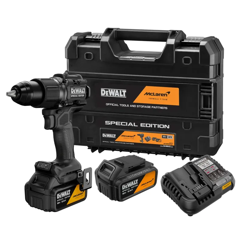 Taladro Percutor McLaren sin escobillas XR 18V 13mm 90Nm con 2 baterÃ­as Li-Ion 5Ah y maletÃ­n TSTAK
